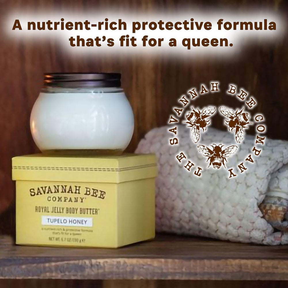 Savannah Bee Company Gelée Royale Body Butter emballage en verre, présentation premium.