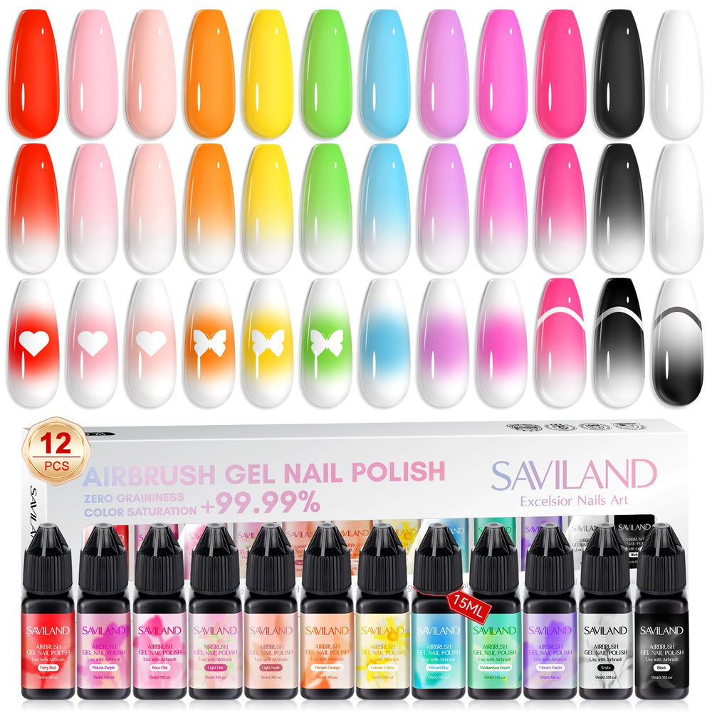 SAVILAND Gel Vernis Aérographe – photo produit, montre les 12 couleurs pour des designs variés et vibrants.
