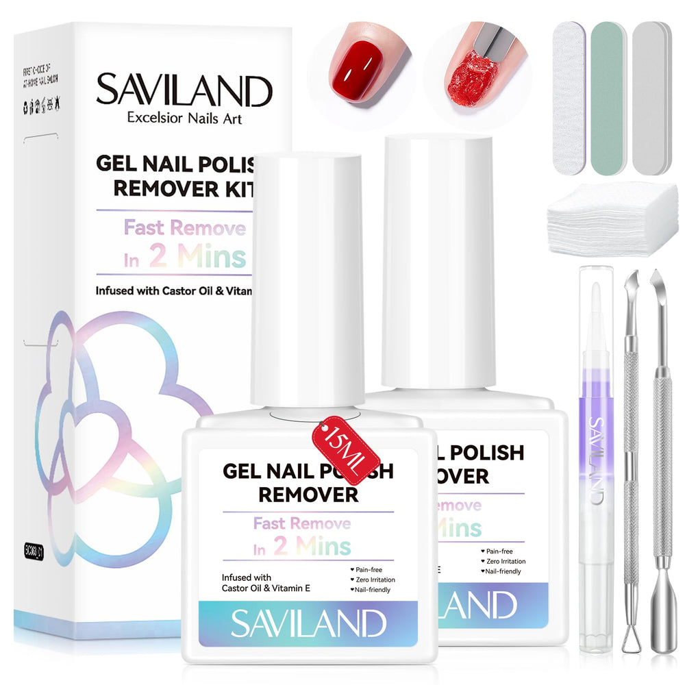 Dissolvant gel SAVILAND: deux flacons pour retrait rapide sans trempage.