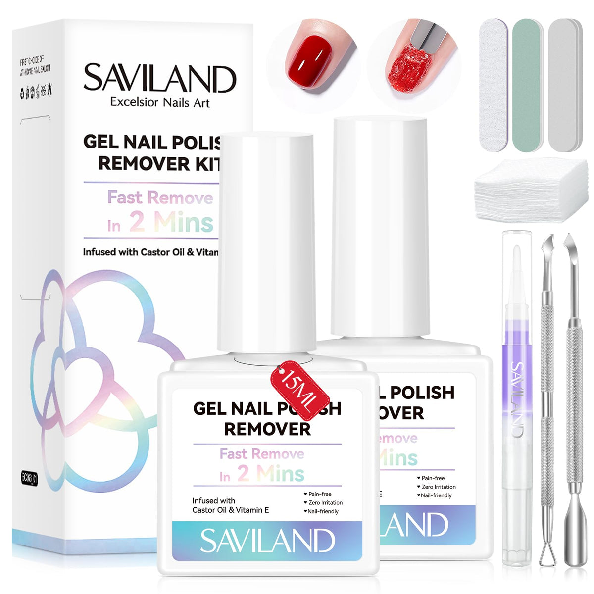 Dissolvant gel SAVILAND: deux flacons pour retrait rapide sans trempage.