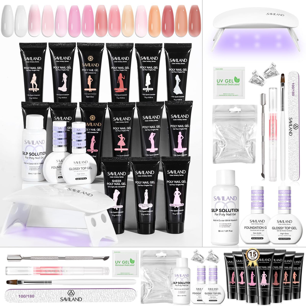 SAVILAND ensemble 15 couleurs poly gel pour ongles naturels et élégants
