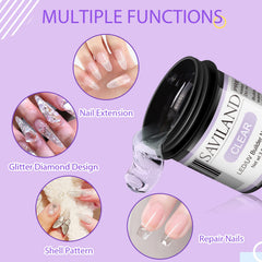 SAVILAND Gel Builder Clair 100 g – surface transparente et ongle parfaitement formé.