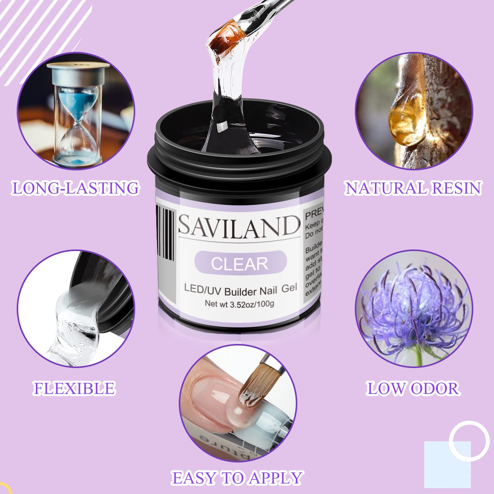 SAVILAND Gel Builder Clair 100 g – durcissement recommandé sous lampe UV/LED.