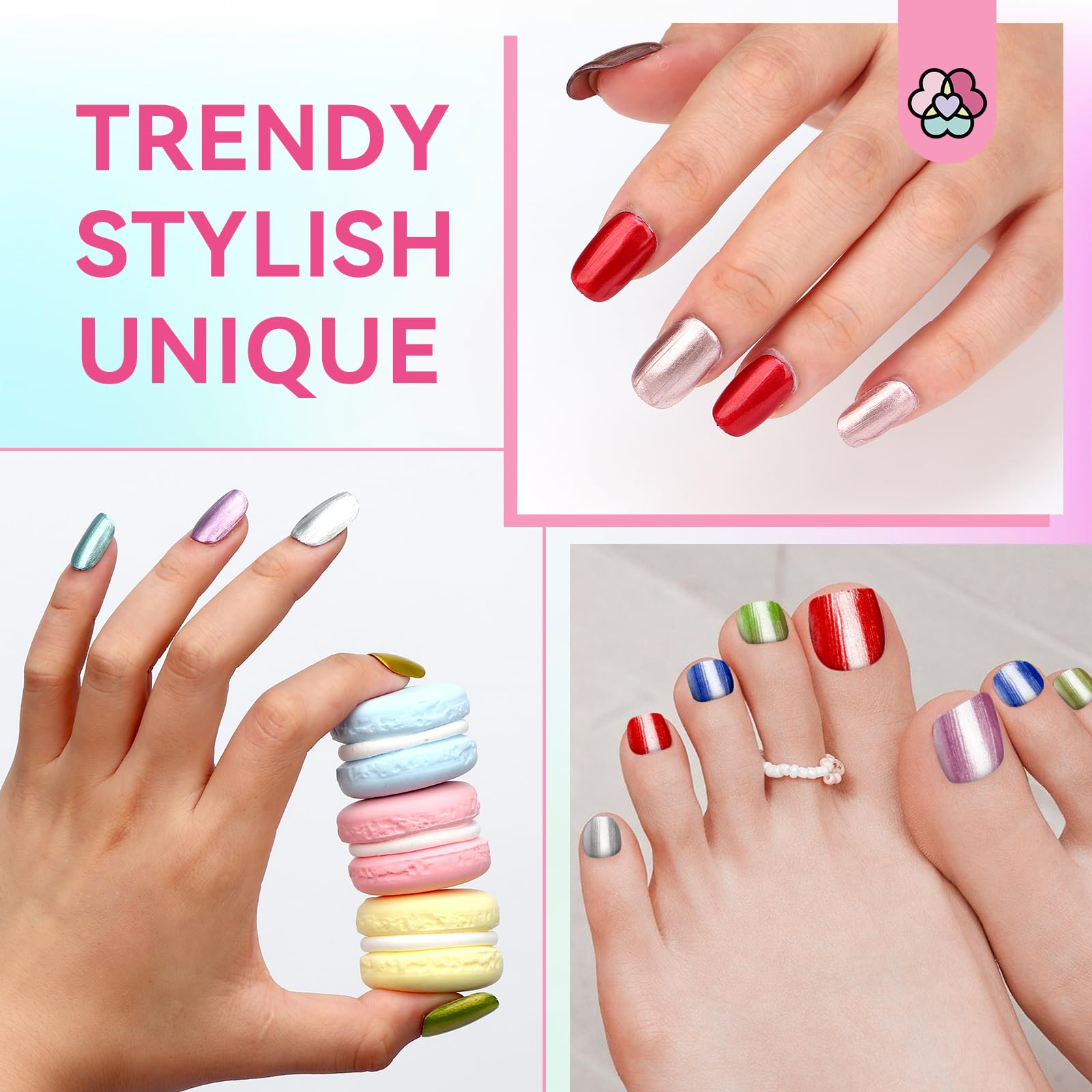 Sparkling glitter and holographic finishes catch light from every angle.