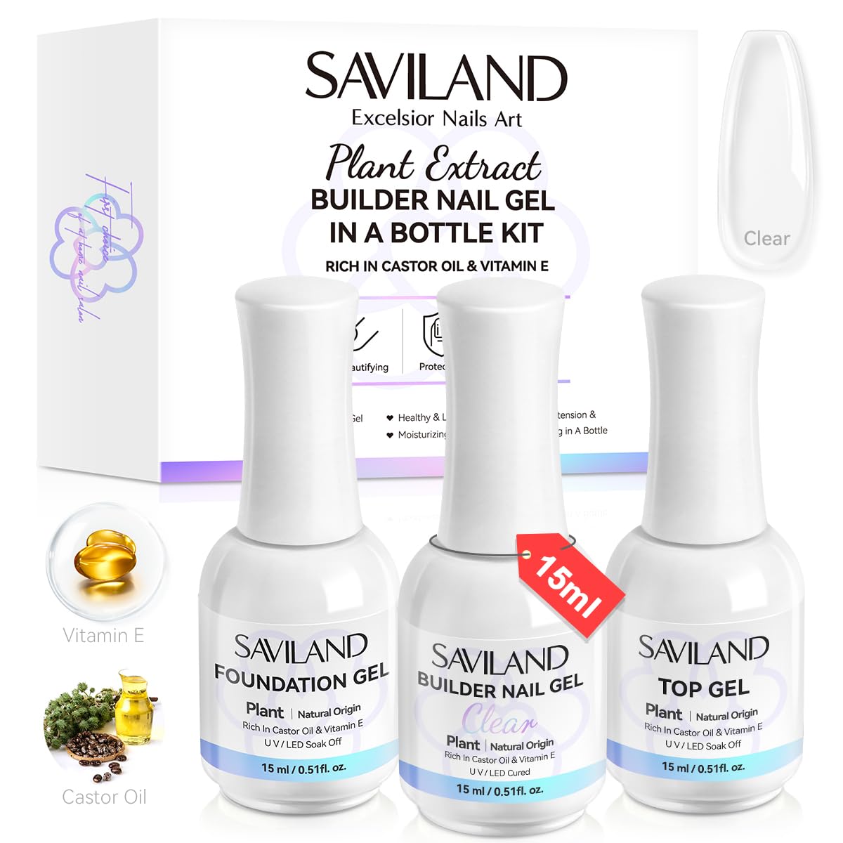 SAVILAND kit gel-builder clair pour extensions d’ongles solides et durables.