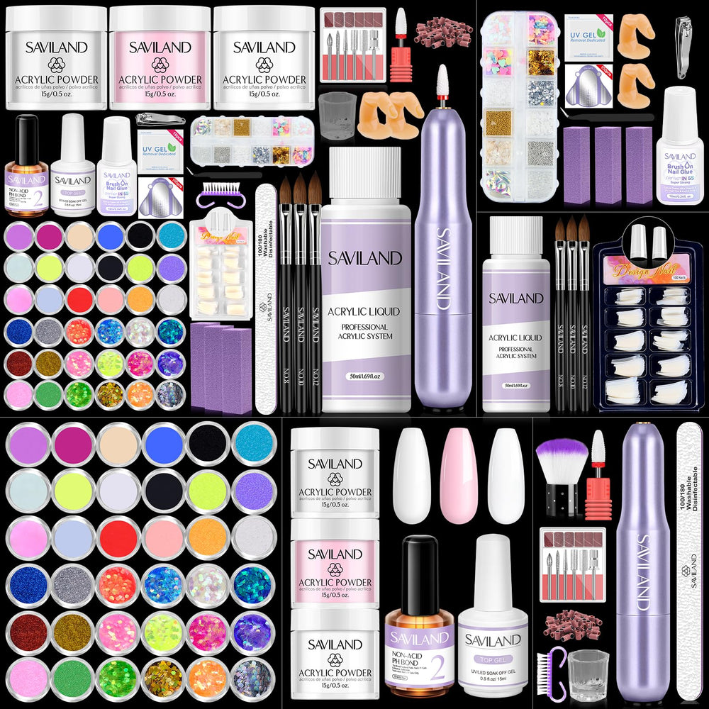 Kit SAVILAND pour ongles acryliques 28-en-1, idéal pour débutants et salon maison.