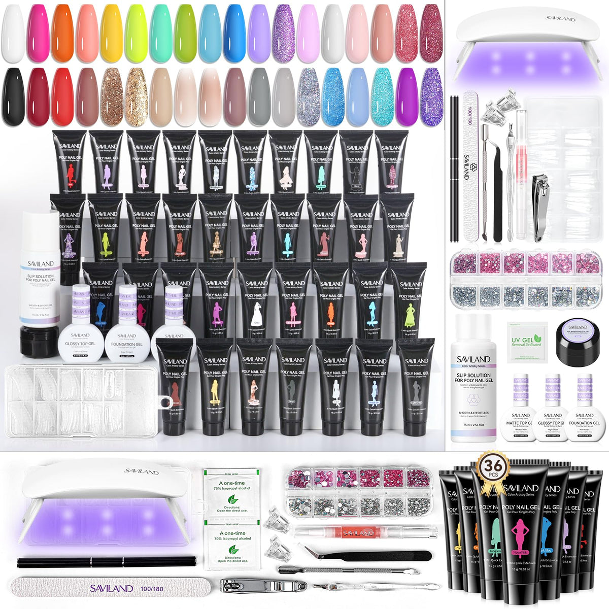 SAVILAND Kit Poly Gel sans HEMA: 36 couleurs pour des ongles variés et personnalisables.