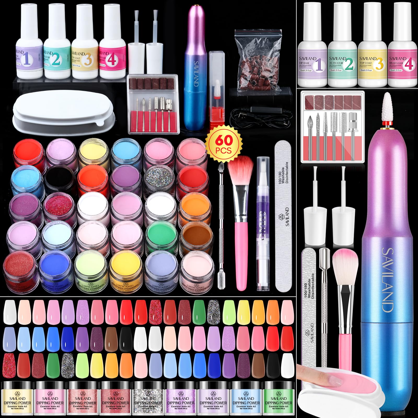 SAVILAND kit poudre dip perceuse – ensemble débutants pour ongles à domicile.