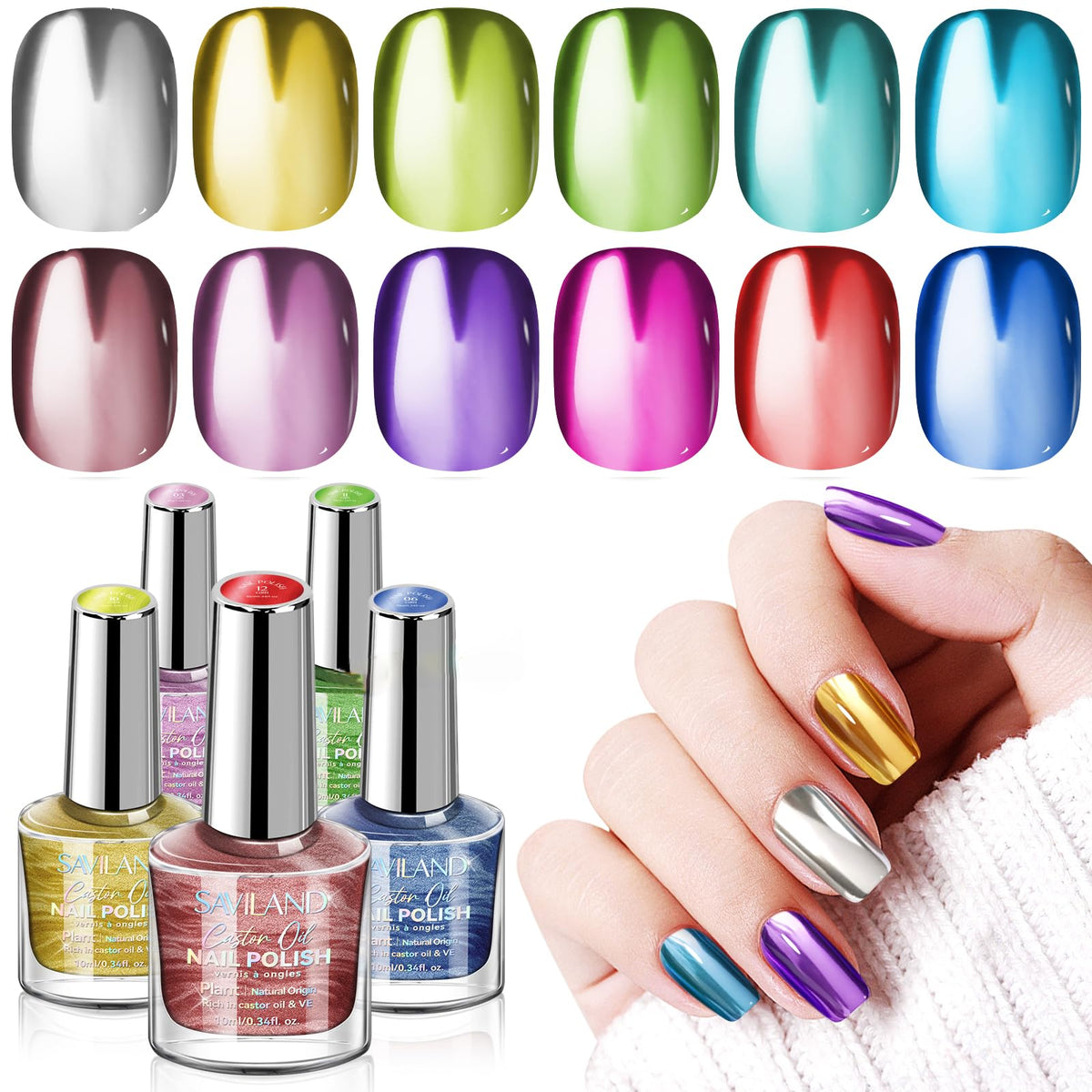 SAVILAND metallic nail polish bottles with chrome finish for a high-gloss look.