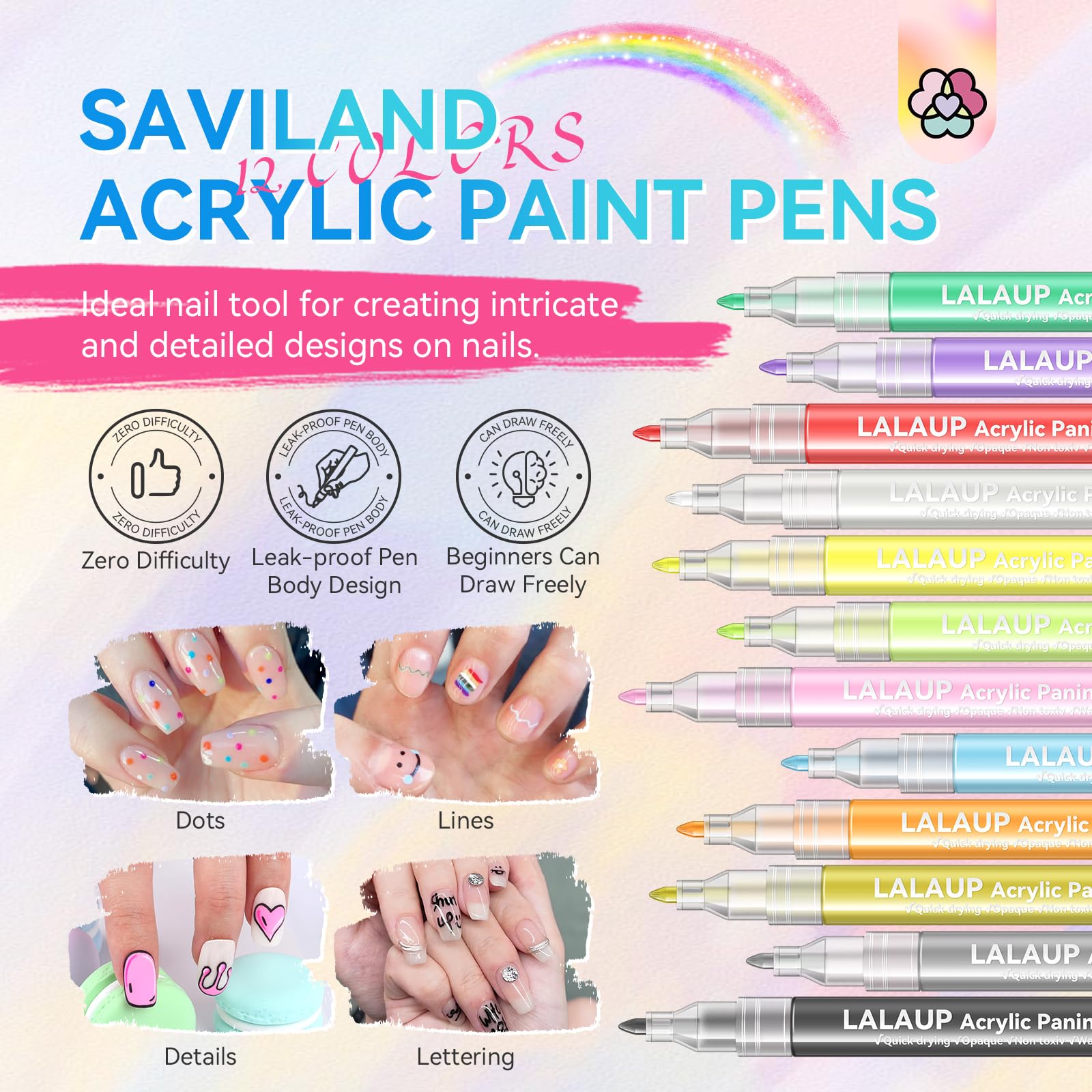 Saviland nail art pens with fine tip enable detailed, crisp polka dots and lines