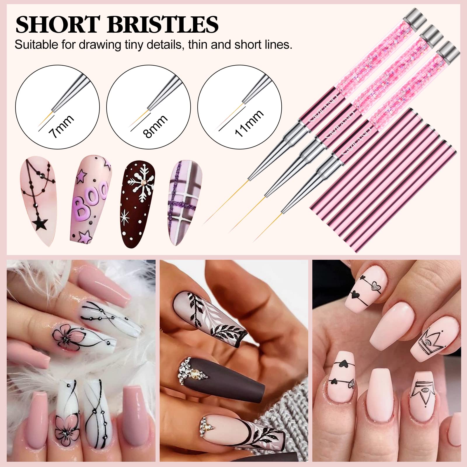 Pinceau liner Saviland 11 mm pour dessins précis et motifs complexes sur ongles.