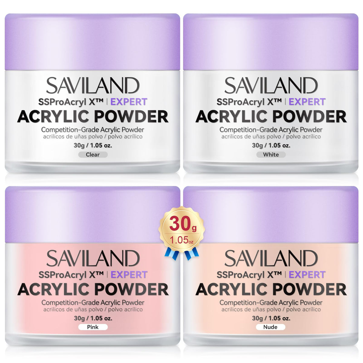 SAVILAND poudre acrylique ensemble 4 teintes, parfait pour extensions et décorations.