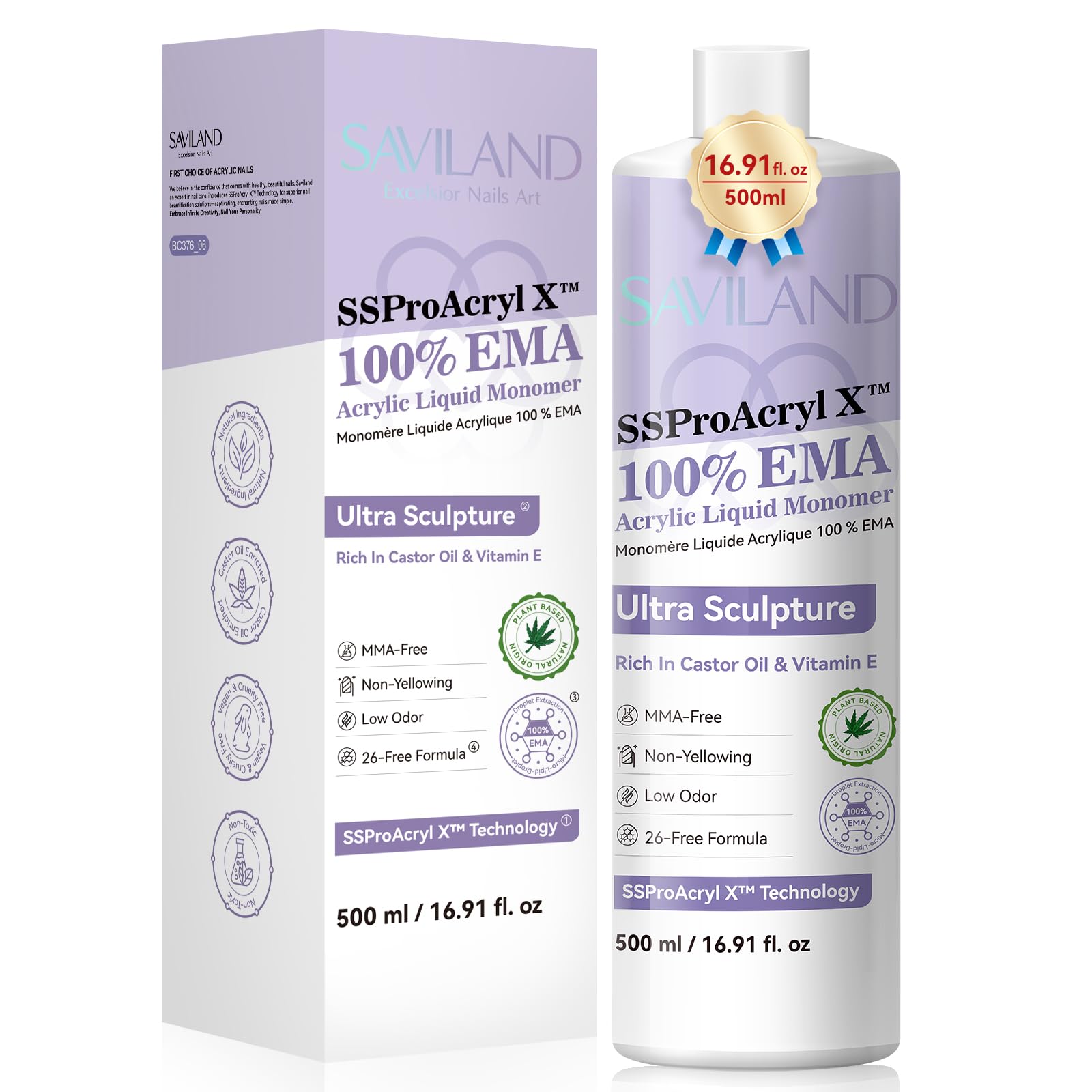 Bouteille SAVILAND SSPro X Pure EMA Monomer, finition claire et facile à manipuler.