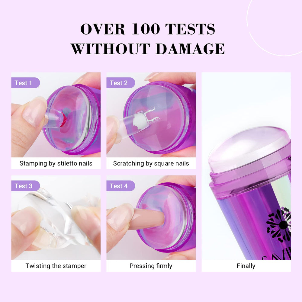 Tampon Saviland transparent violet radium, démontrant la précision des motifs.
