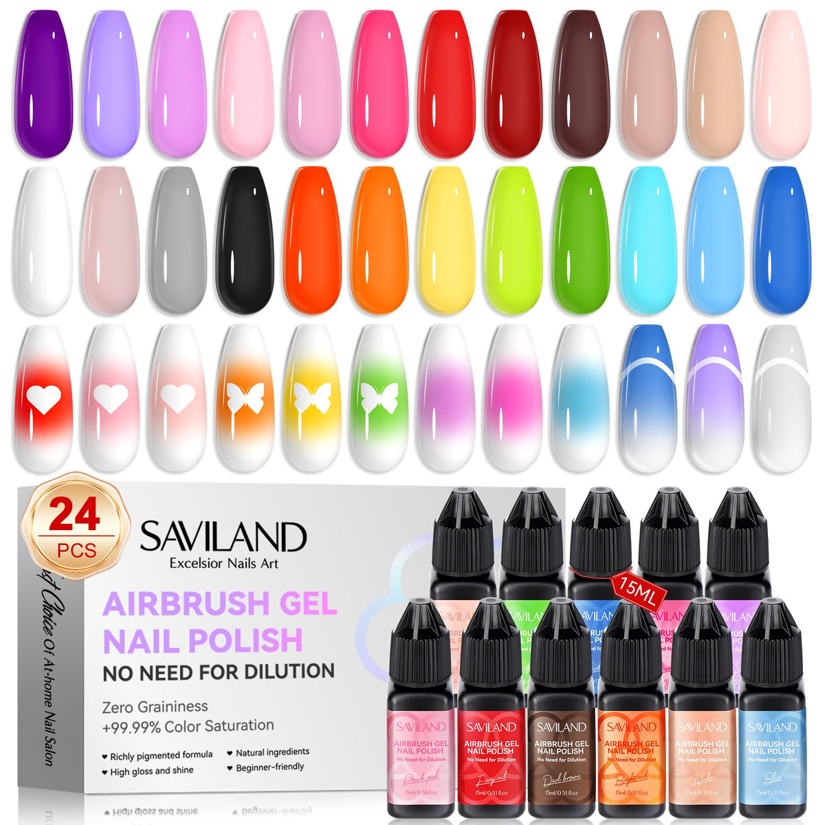 SAVILAND Vernis Gel Airbrush: bouteille 24 couleurs, prêt à l'emploi pour dégradés sur ongles.