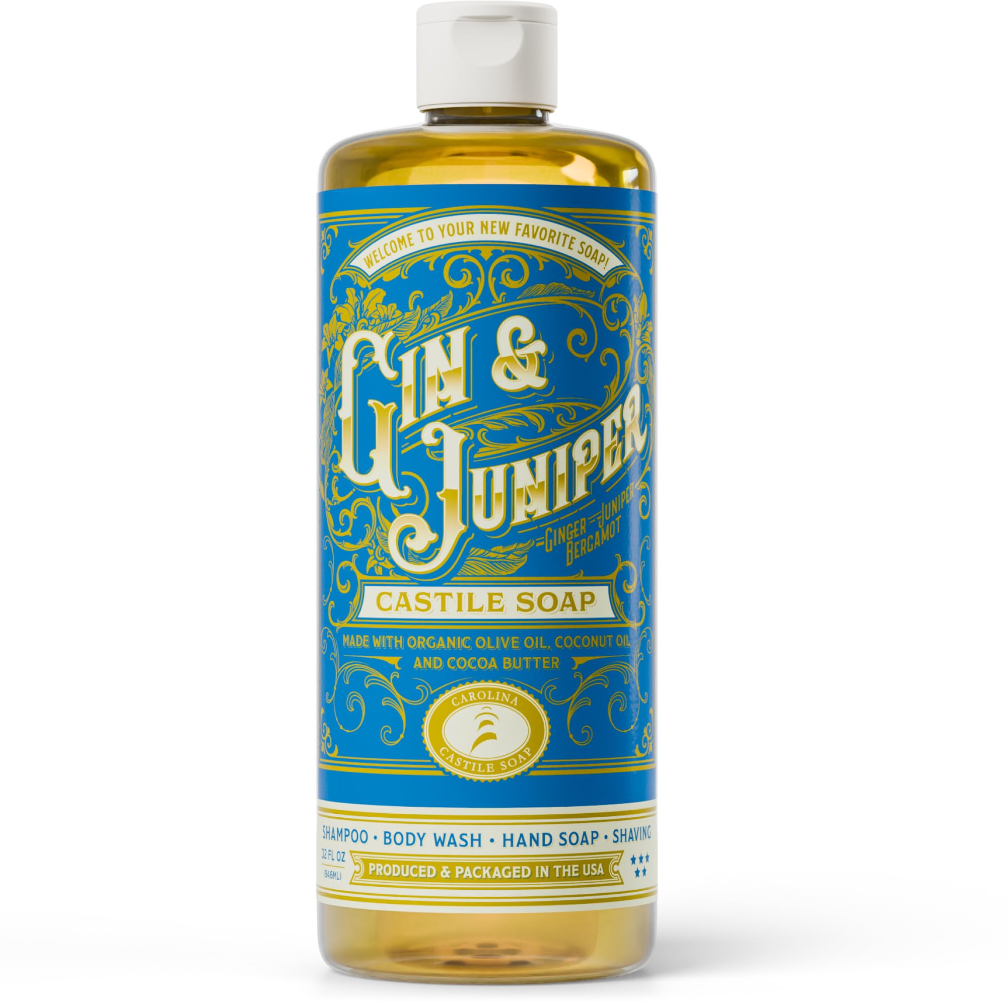 Savon Castile Carolina gin et genièvre en flacon, parfum sophistiqué pour la peau