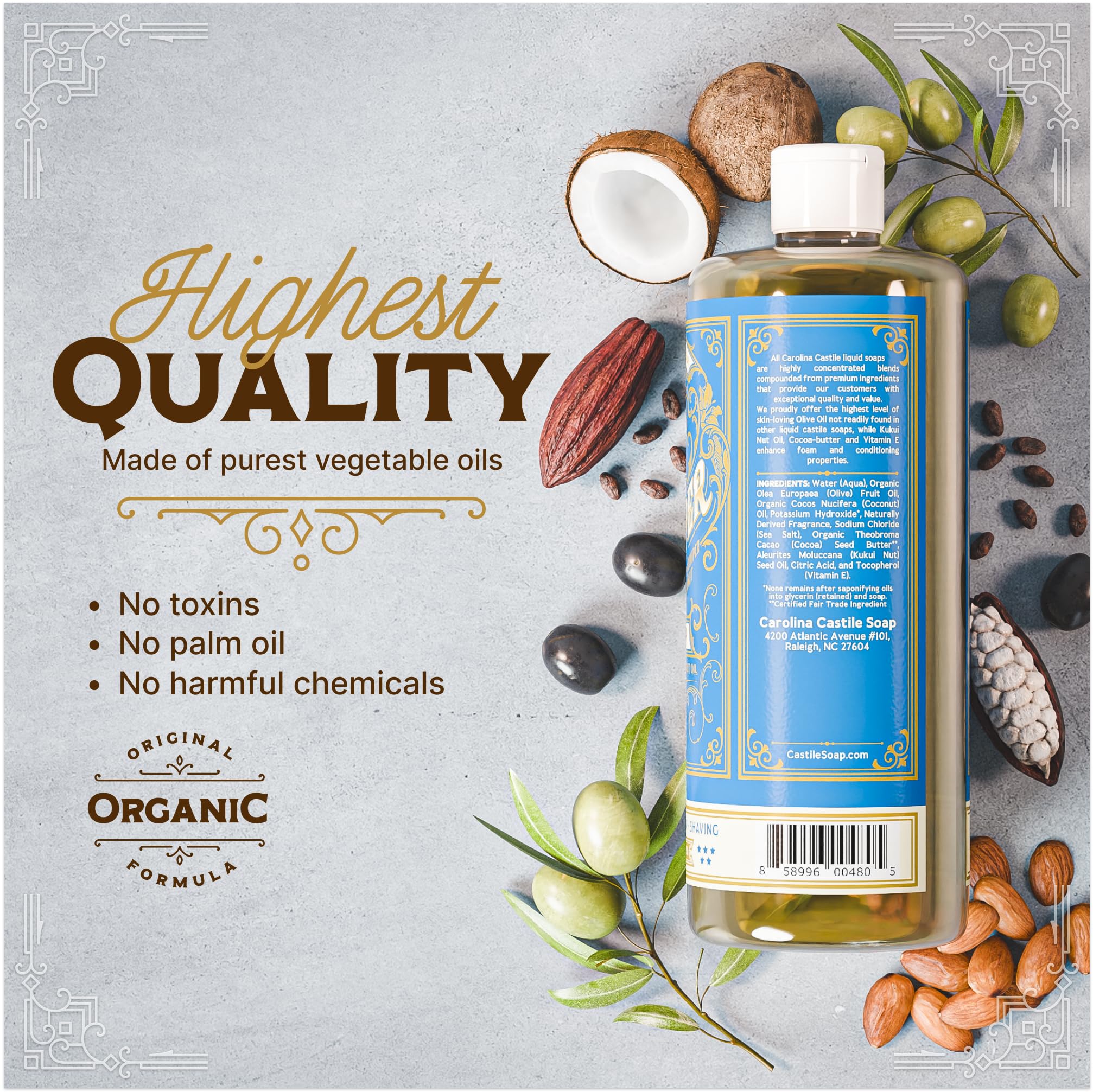 Étiquette indiquant huile d’olive biologique et ingrédients naturels