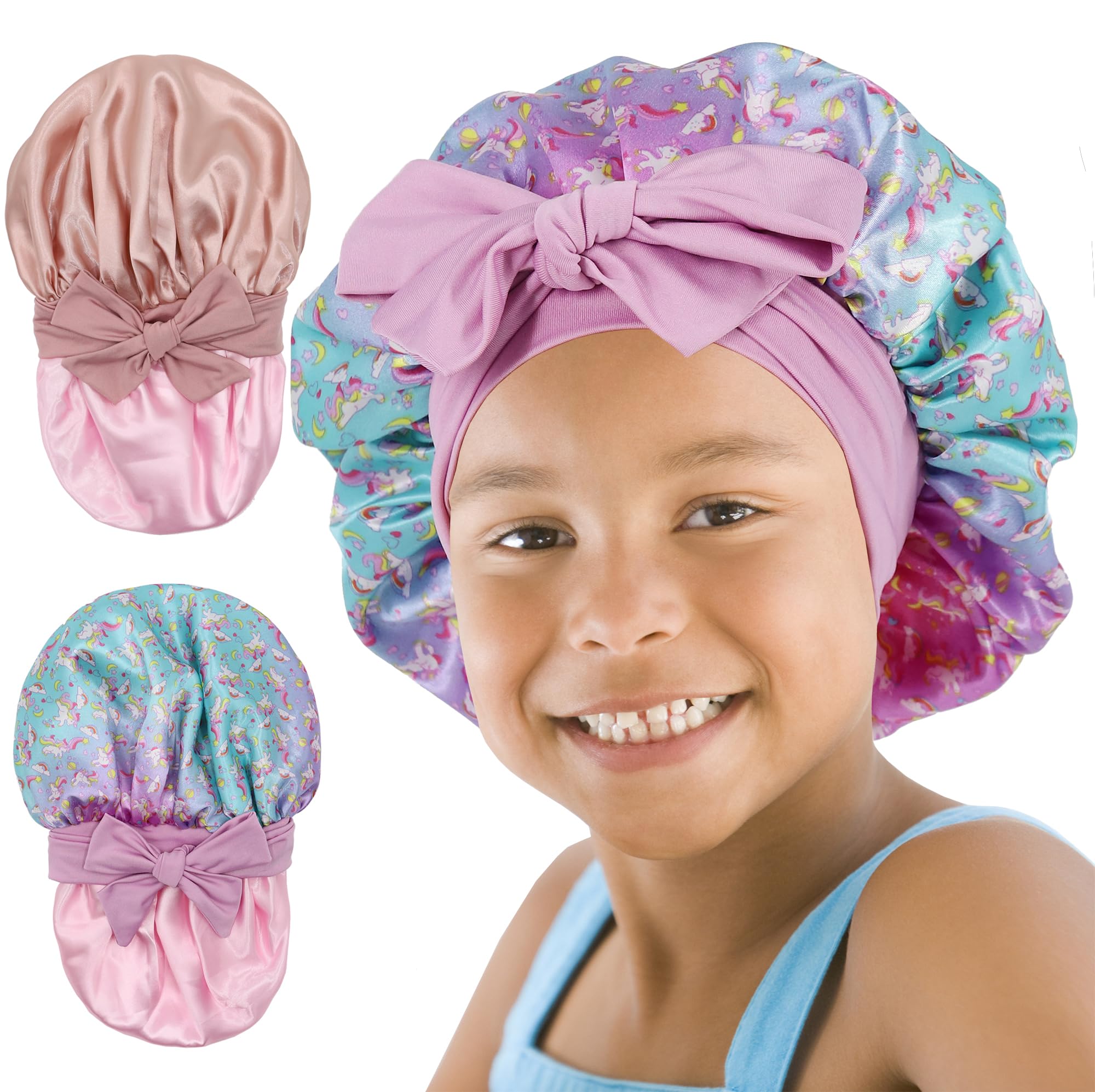 SAYMRE bonnet enfant imprimé avant rose, protège les boucles pendant le sommeil