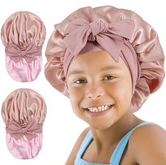 SAYMRE bonnet satin enfant recto rose, protection douce des cheveux pendant le sommeil