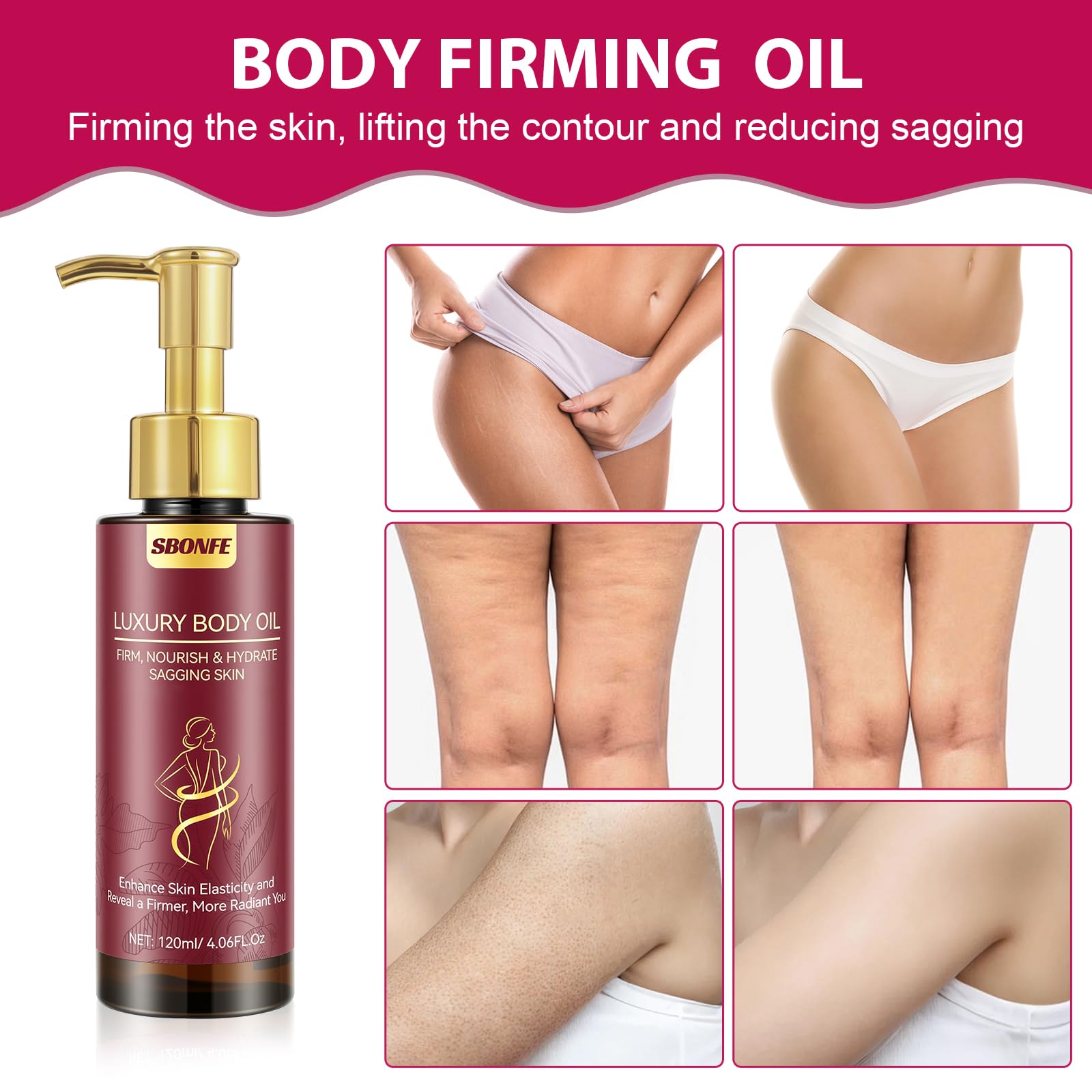 SBONFE huile raffermissante – application sur les bras après douche pour peau plus lisse.