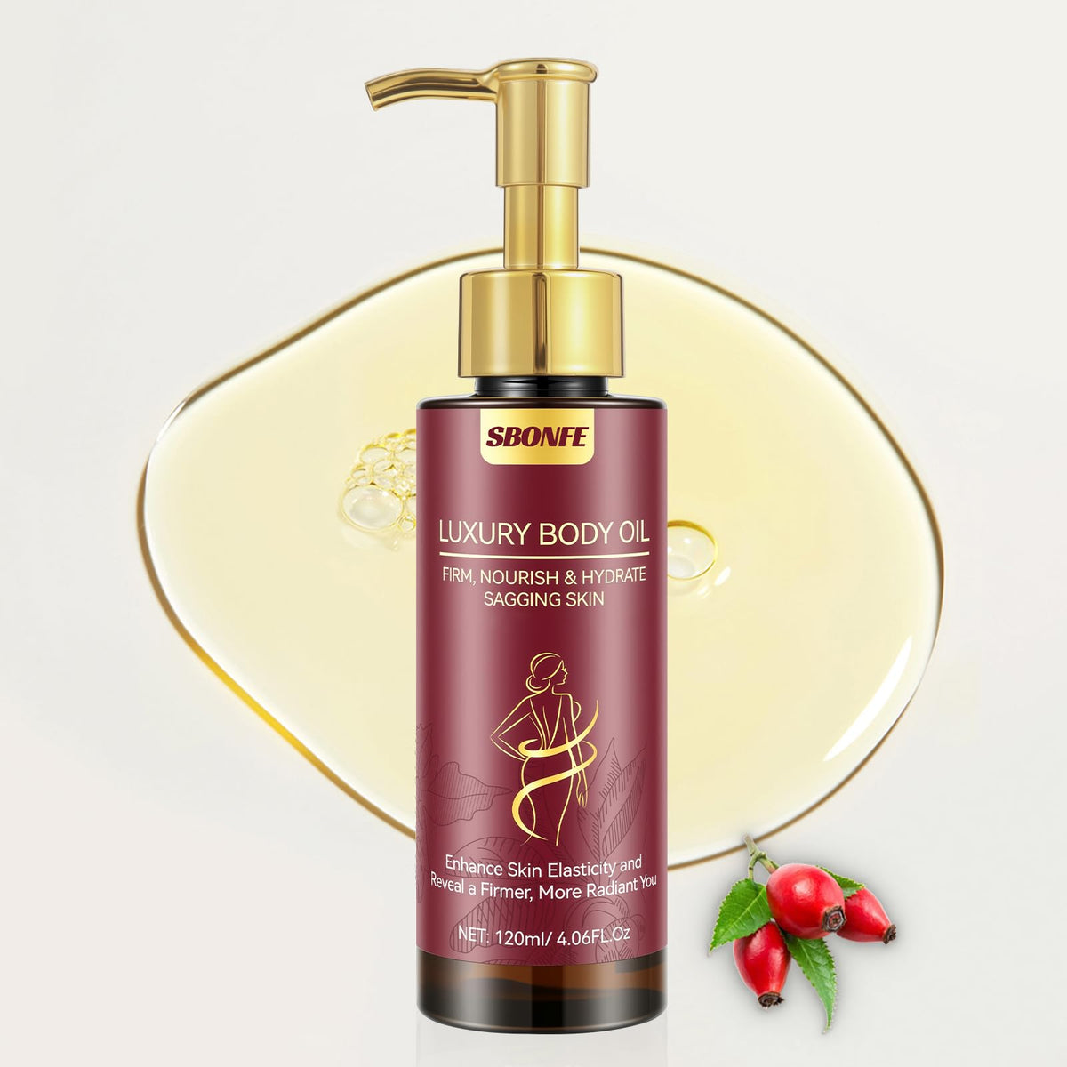 SBONFE huile raffermissante pour le corps – bouteille élégante, absorption rapide et hydratation durable.