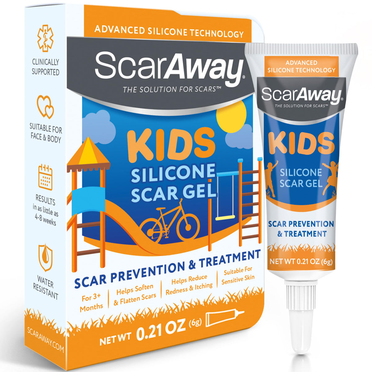 ScarAway Kids Gel Silicone dans sa boîte, soin des cicatrices prêt à l'emploi.