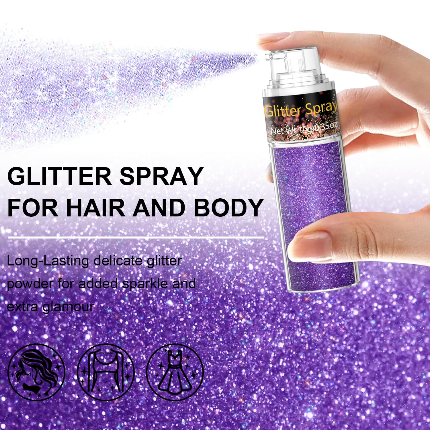 Paillettes Scarman en spray pour cheveux et corps, effet festival lumineux.