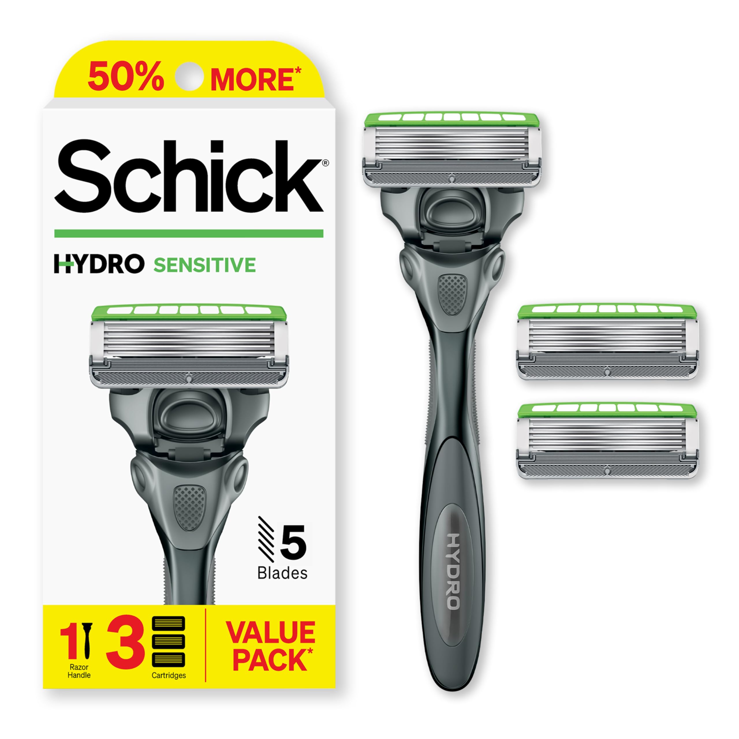 Rasoir Schick Hydro Sensitive avec poignée ergonomique pour une prise en main confortable.