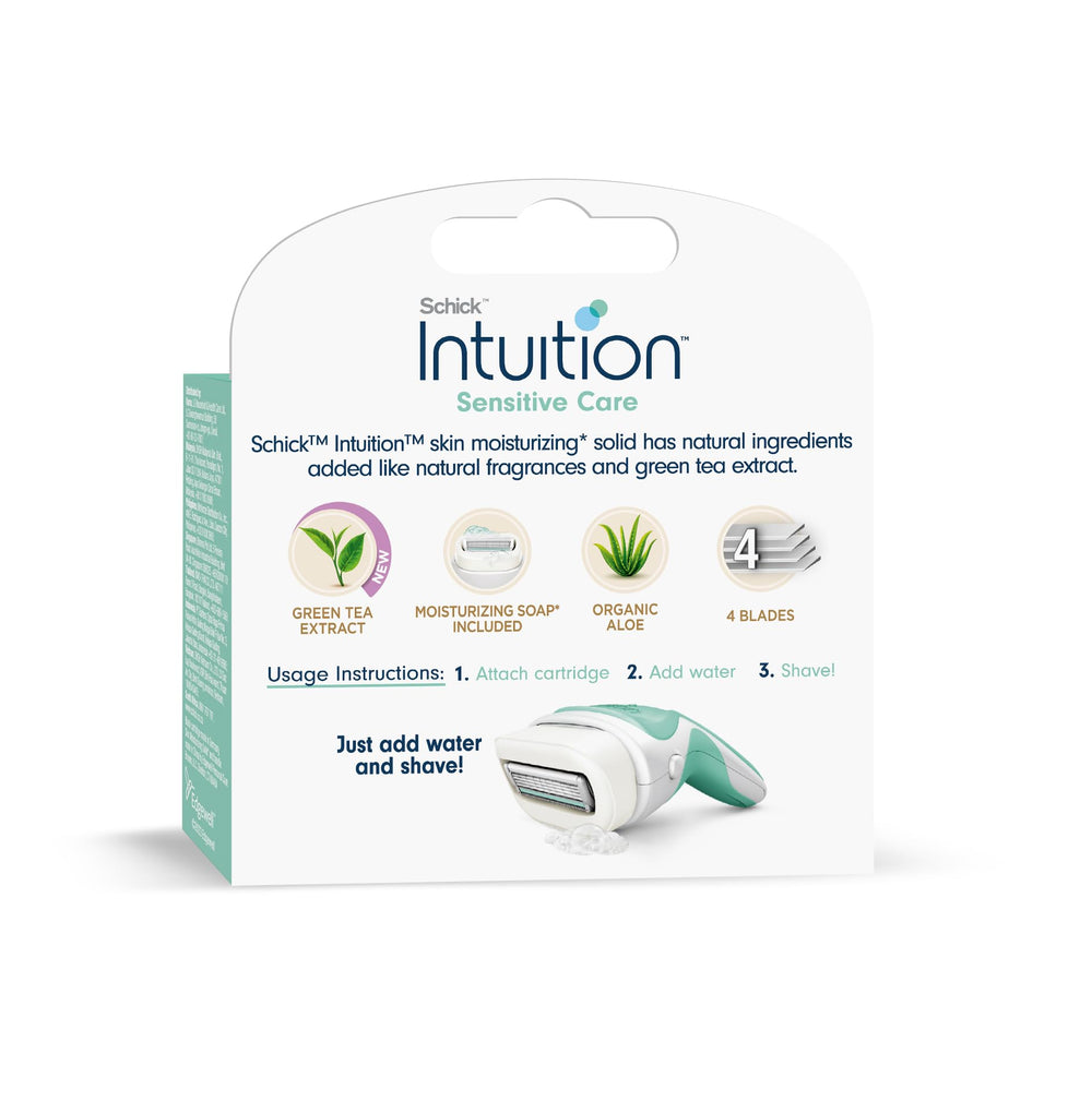 Cartouches Schick Intuition Soin Sensible avec emballage recyclable et soin hypoallergénique.