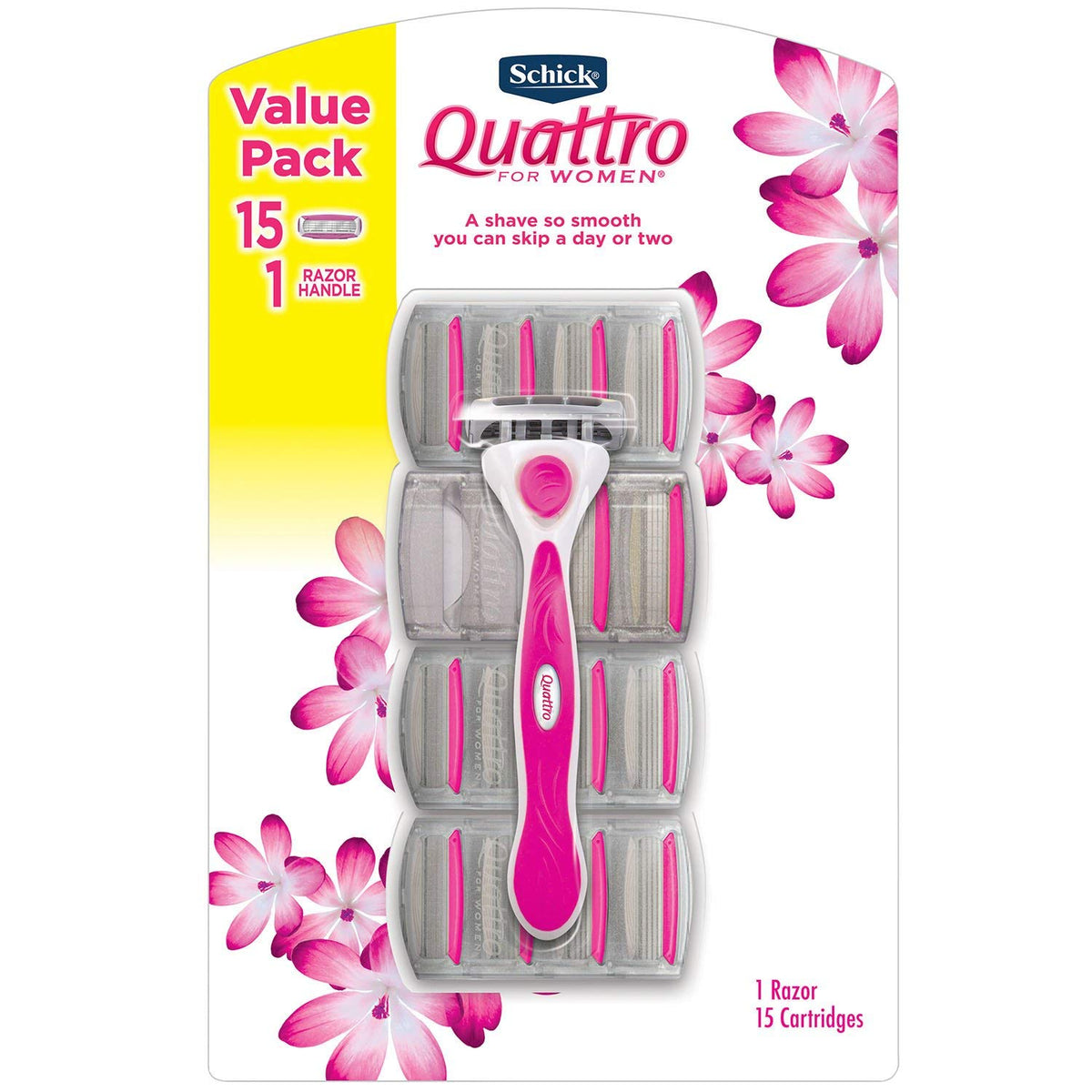 Rasoir Schick Quattro pour femmes dans l'emballage, pratique et prêt à l'emploi.