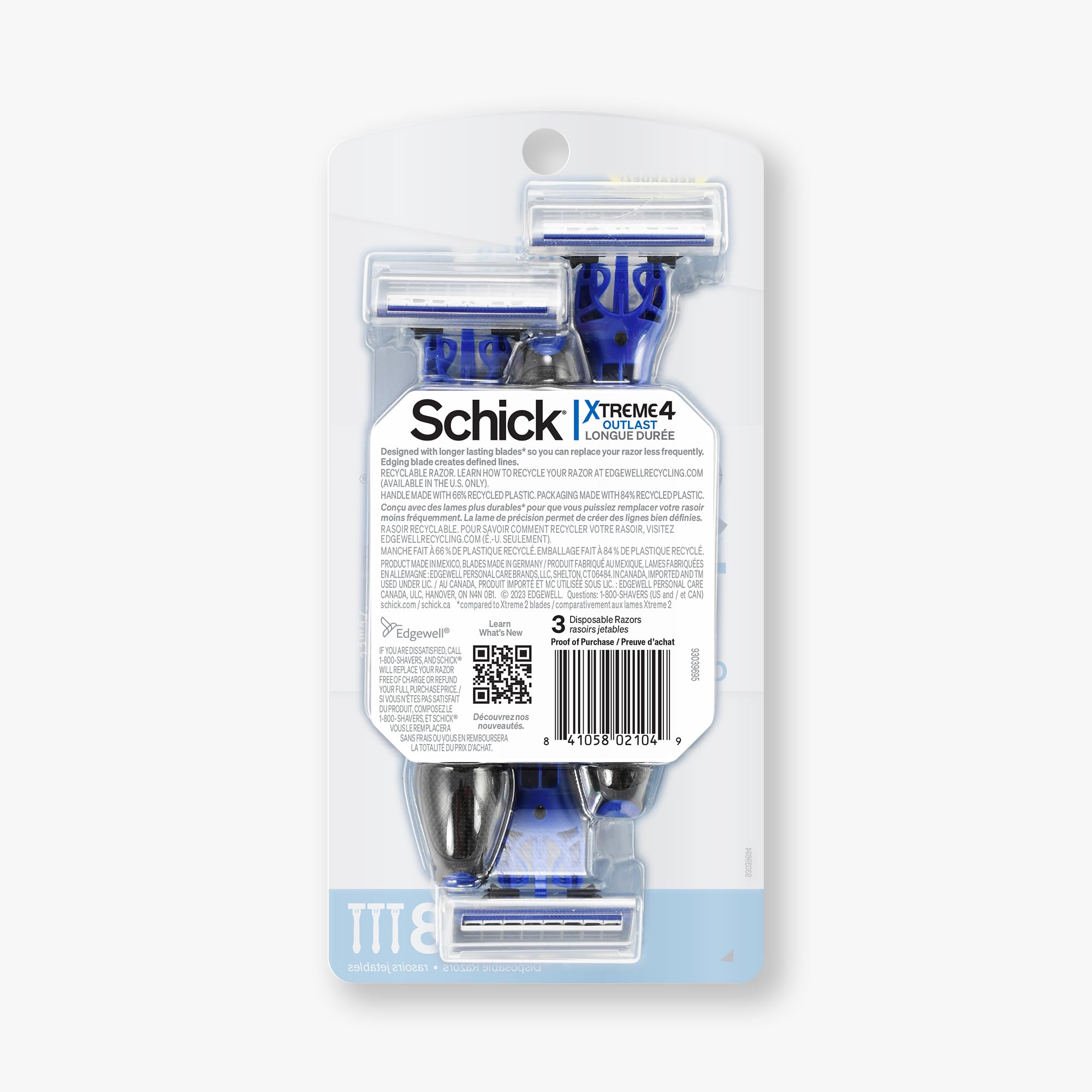 Schick Xtreme 4 Outlast : emballage recyclable pour une option éco-responsable.