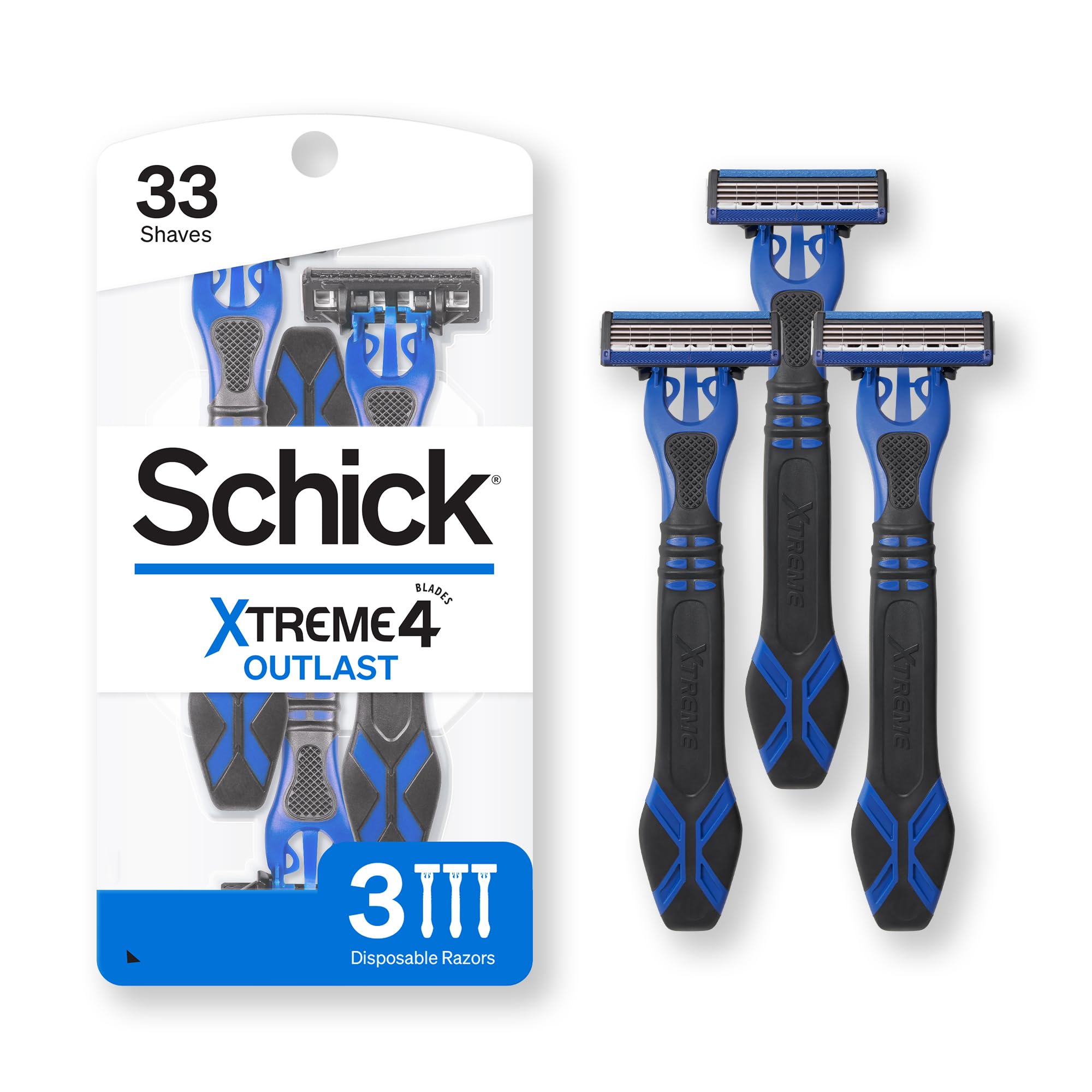 Schick Xtreme 4 Outlast : lames titane revêtues pour une coupe durable.