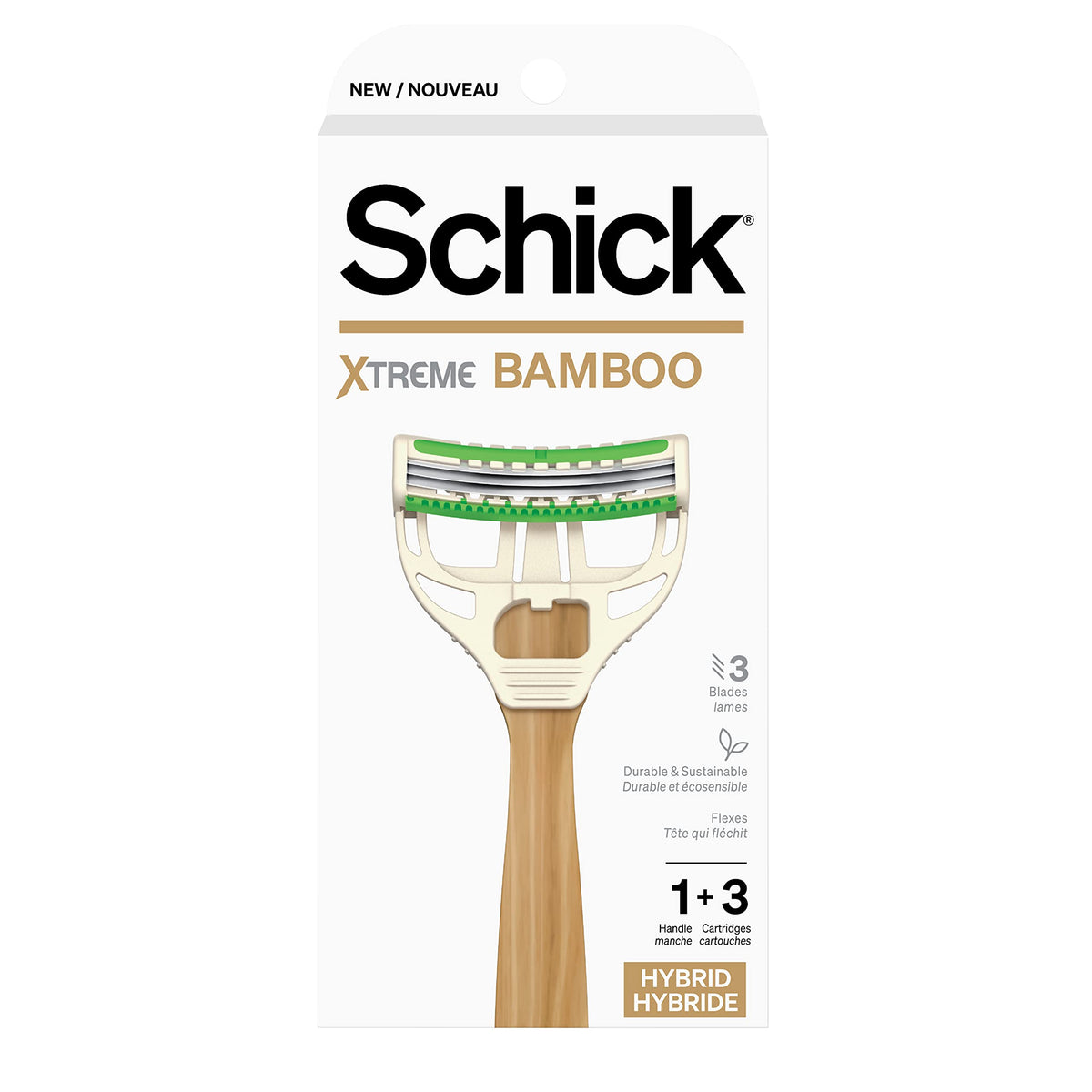 Rasoir Schick Xtreme Bamboo dans son emballage, prêt pour une routine durable.