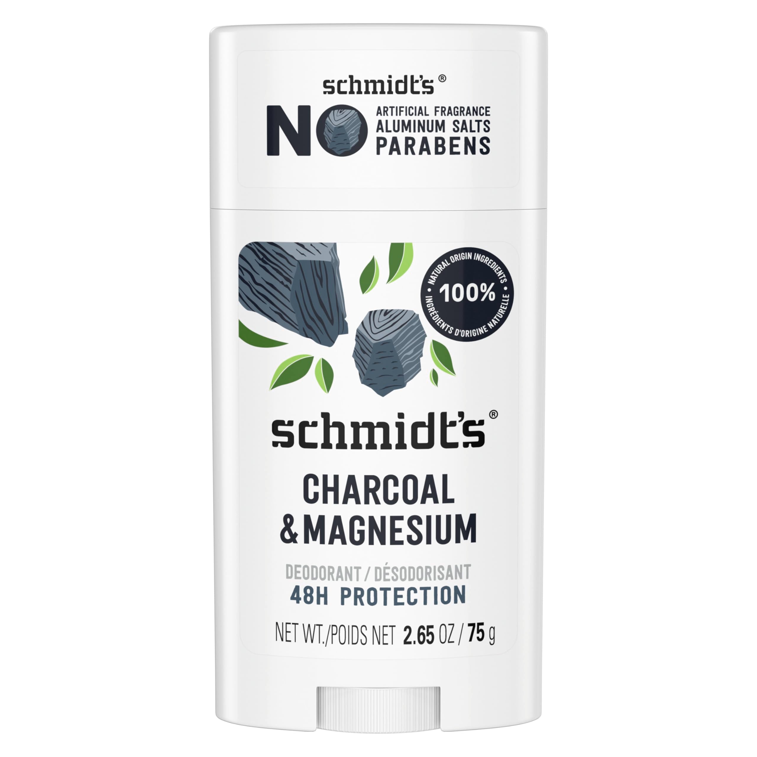 Schmidt's Charbon Magnésium déodorant, emballage pratique pour une utilisation quotidienne.
