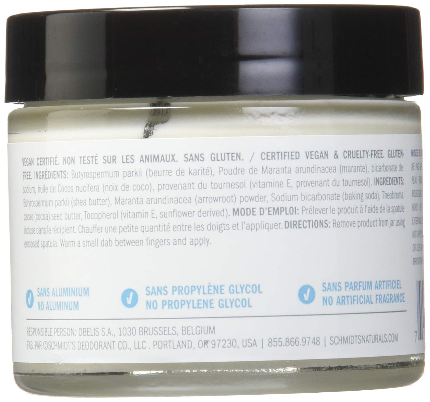 Schmidt's Déodorant Naturel Sans Parfum, emballage en verre élégant et durable.