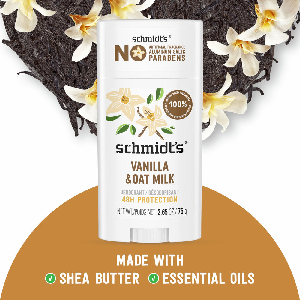Schmidt's déodorant vanille lait d'avoine, arômes naturels pour une senteur équilibrée.