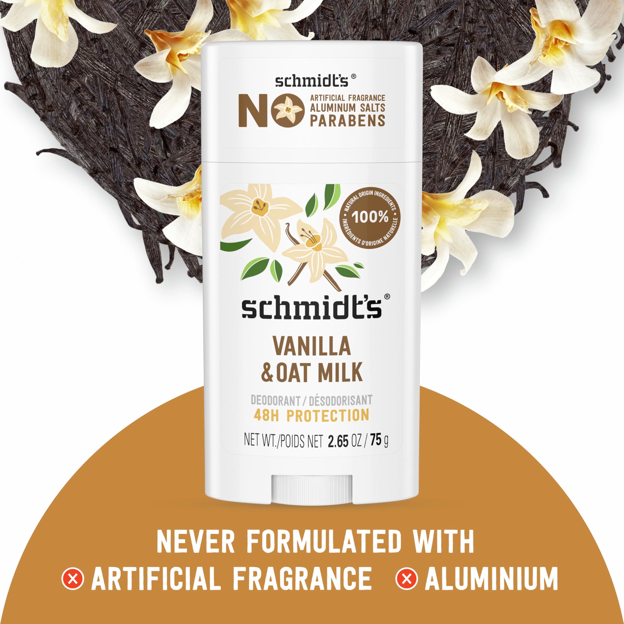 Schmidt's déodorant vanille lait d'avoine, certifications véganes et sans cruauté.