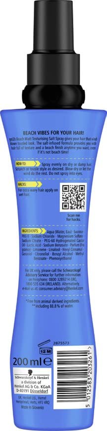 Schwarzkopf Got2b Spray salé plage, brume légère sur cheveux.