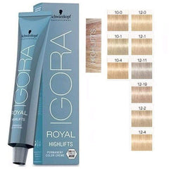 Palette de nuances blond froid Igora Royal 12-19 pour un rendu cendré violet subtil.