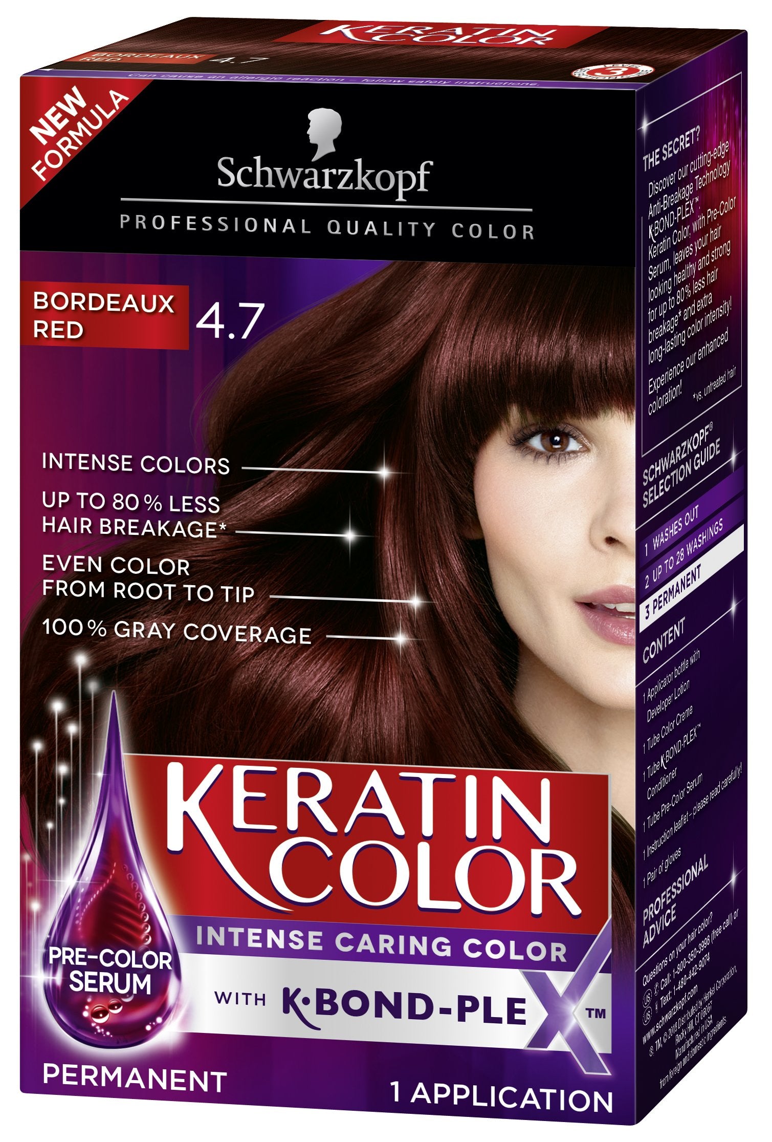 Schwarzkopf Keratin Color Bordeaux Red : flacon et promesse couleur intense et application lisse