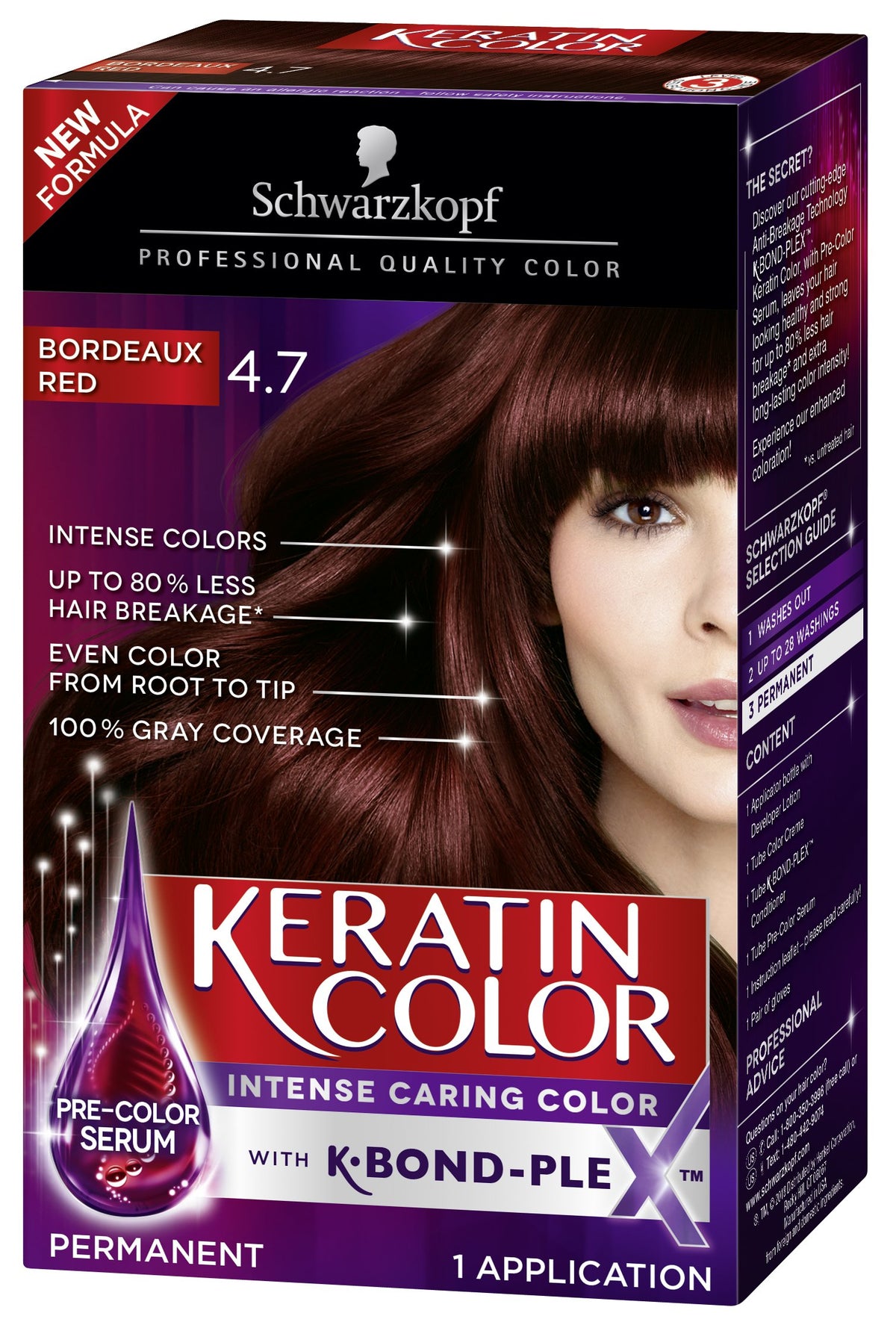 Schwarzkopf Keratin Color Bordeaux Red : flacon et promesse couleur intense et application lisse
