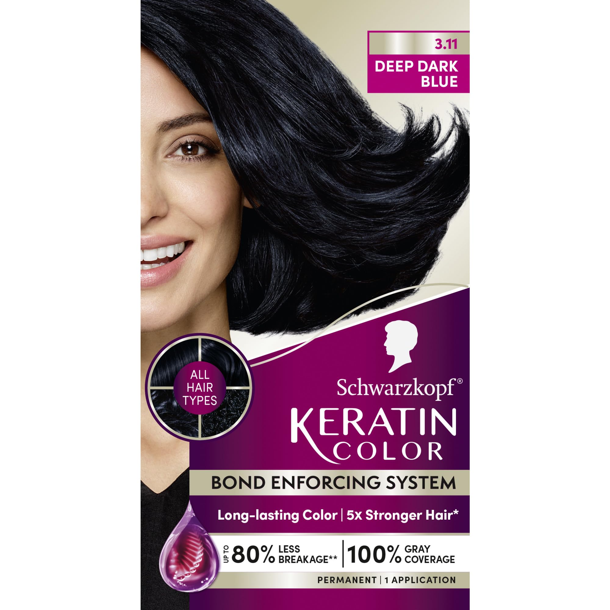 Schwarzkopf Keratin Color 3-11 bleu foncé : couleur riche et couverture des gris durable.