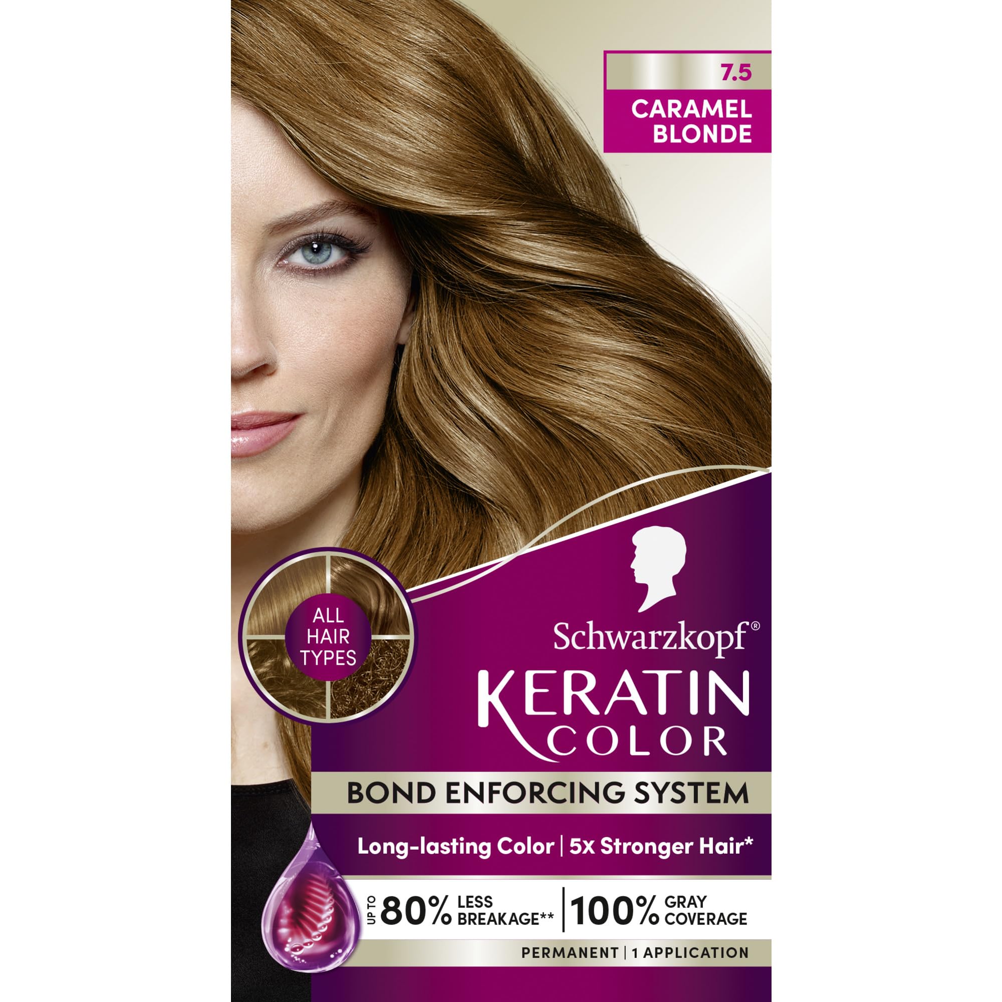 Schwarzkopf Keratin Color Crème 7,5 Caramel Blond, couleur riche prête à l'application maison.