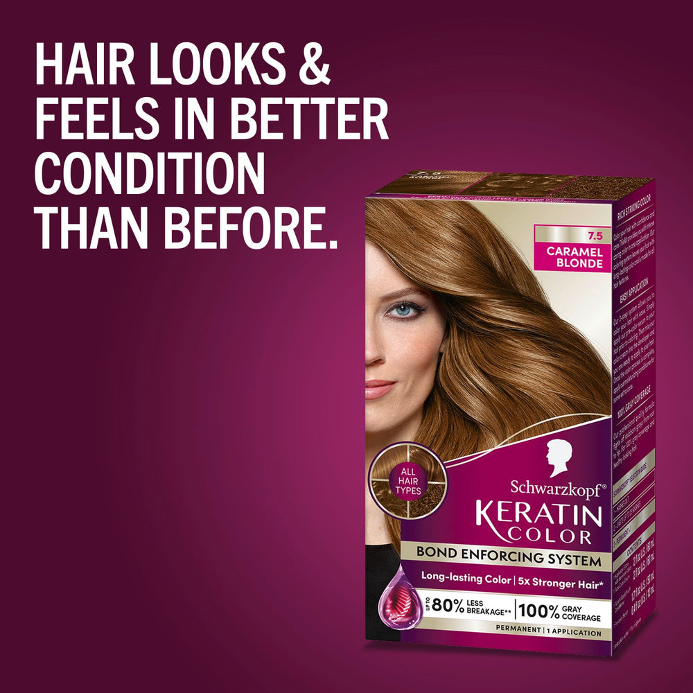 Schwarzkopf Keratin Color résultat Caramel Blond, couleur fidèle et cheveux plus forts.