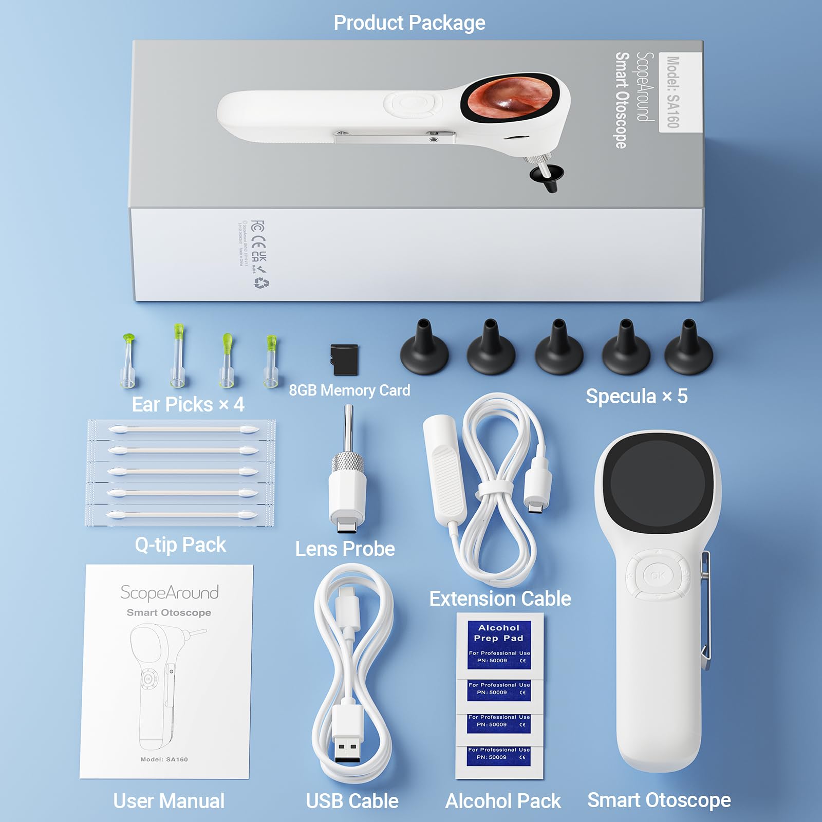 ScopeAround otoscope accessoires inclus facilitant démarrage rapide et nettoyage.