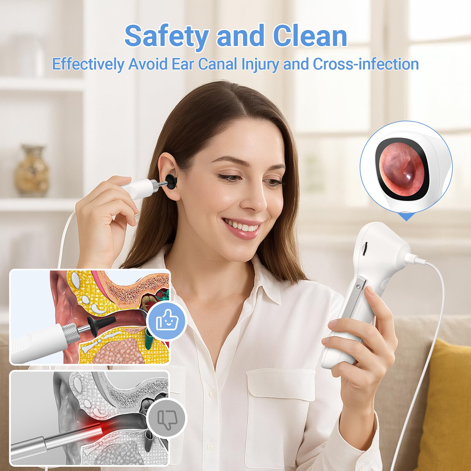 ScopeAround otoscope embout IP67 étanche pour une utilisation sûre à domicile.