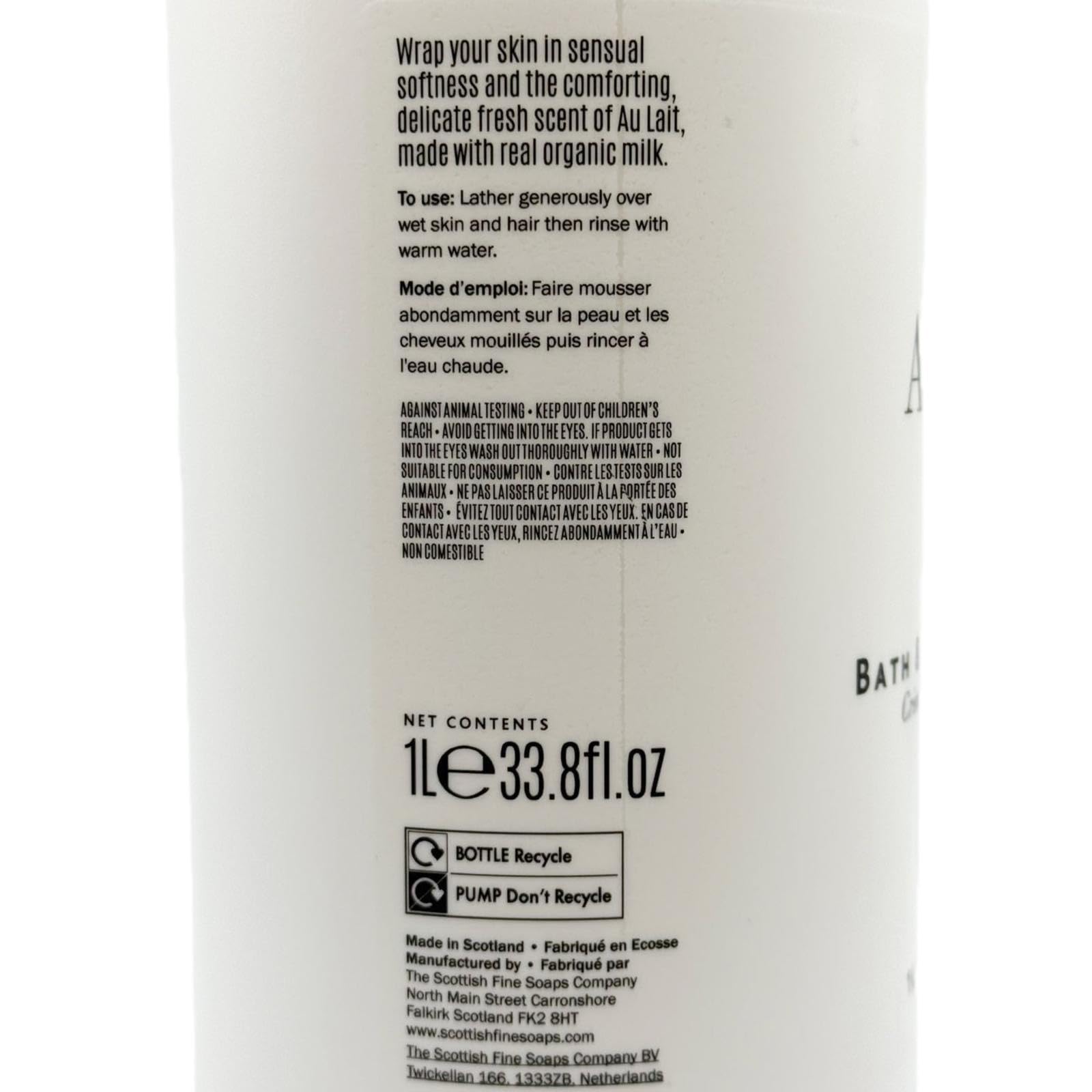 Scottish Fine Soaps Au Lait label shows clear usage tips.