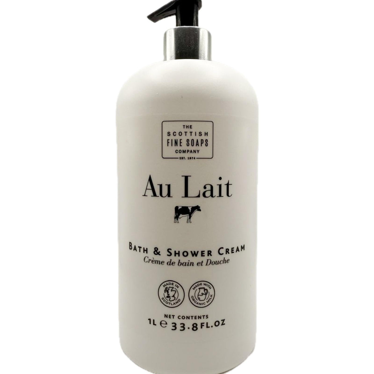 Scottish Fine Soaps Au Lait bath cream bottle with pump delivers a luxurious daily cleanse.