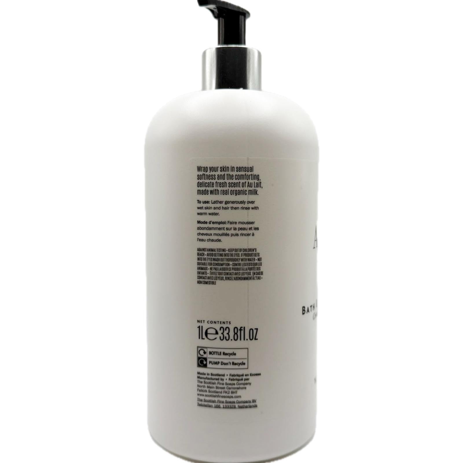 Au Lait white bottle on shelf reflects premium Scottish craftsmanship.