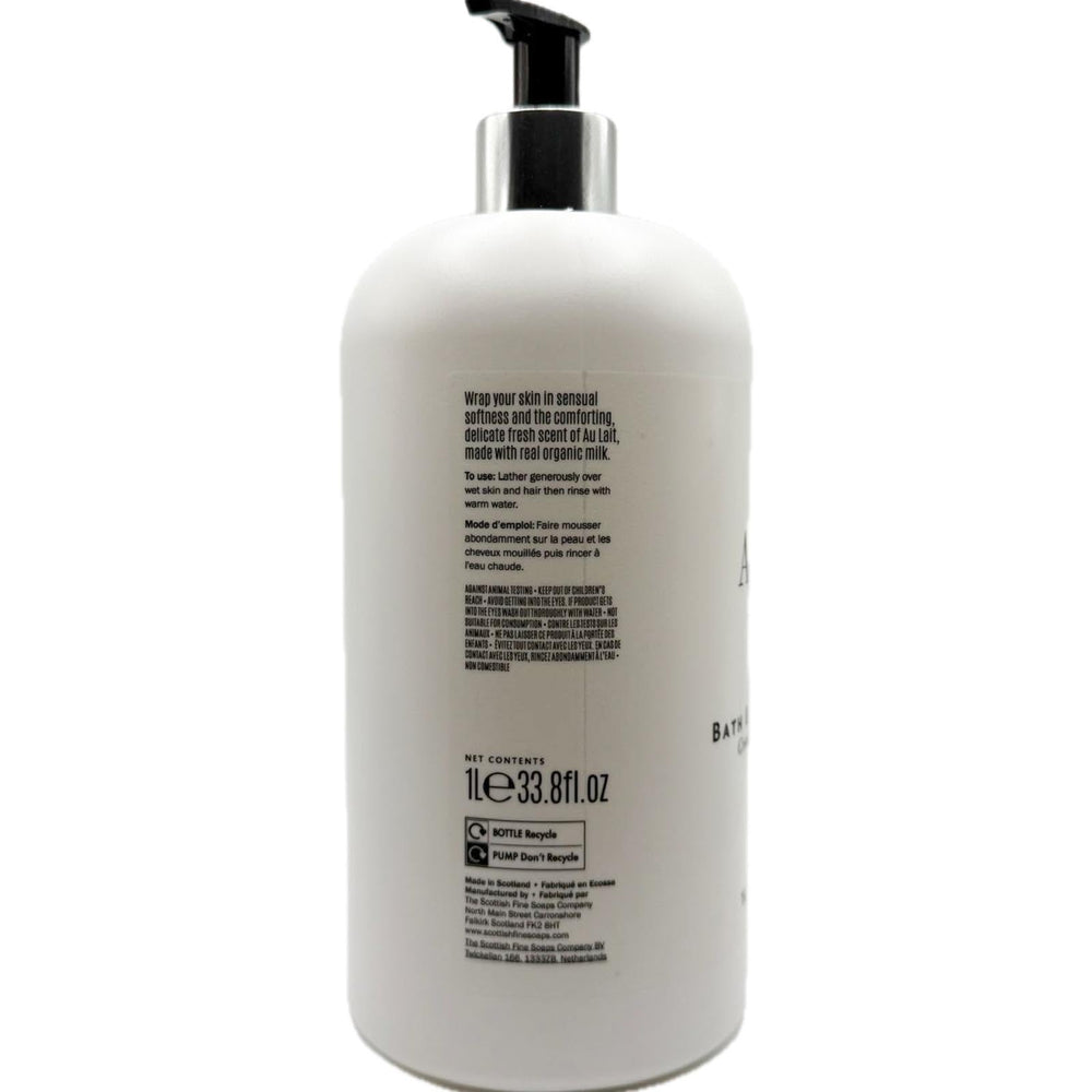 Au Lait white bottle on shelf reflects premium Scottish craftsmanship.
